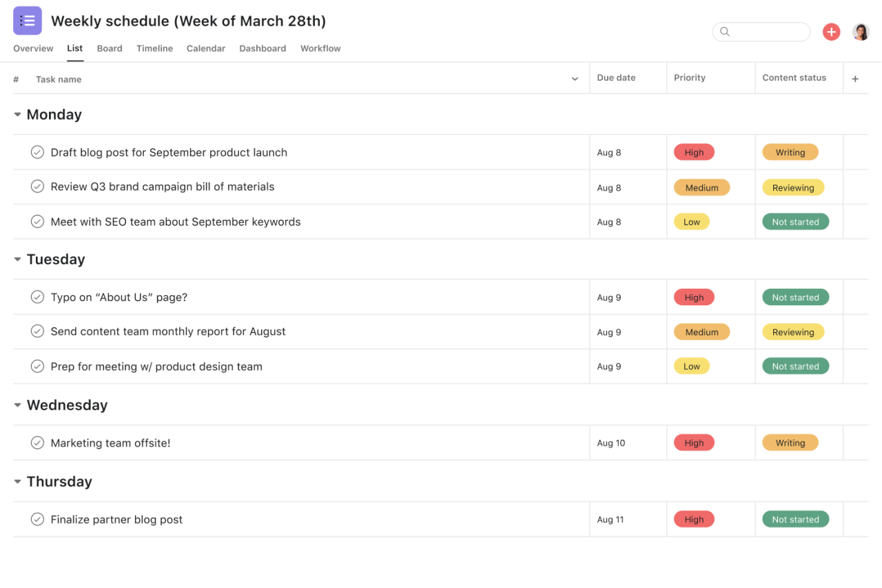 Weekly Schedule Templates That Get “To-Do’s” Done • Asana Weekly Schedule Templates That Get “To-Do’s” Done • Asana