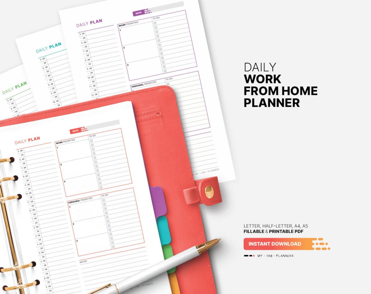 Daily Work From Home Planner, Schedule, Productivity Checklist ...